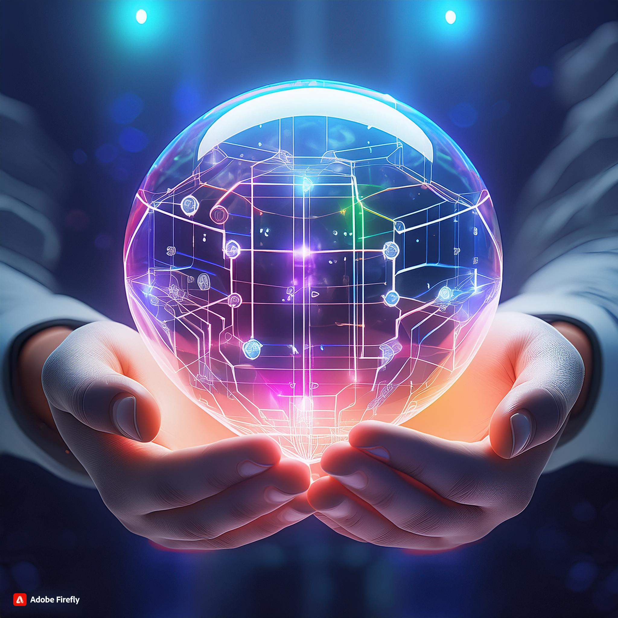 Firefly Picture a pair of cupped child hands holding a bubble containing algorithmic elements 47074
